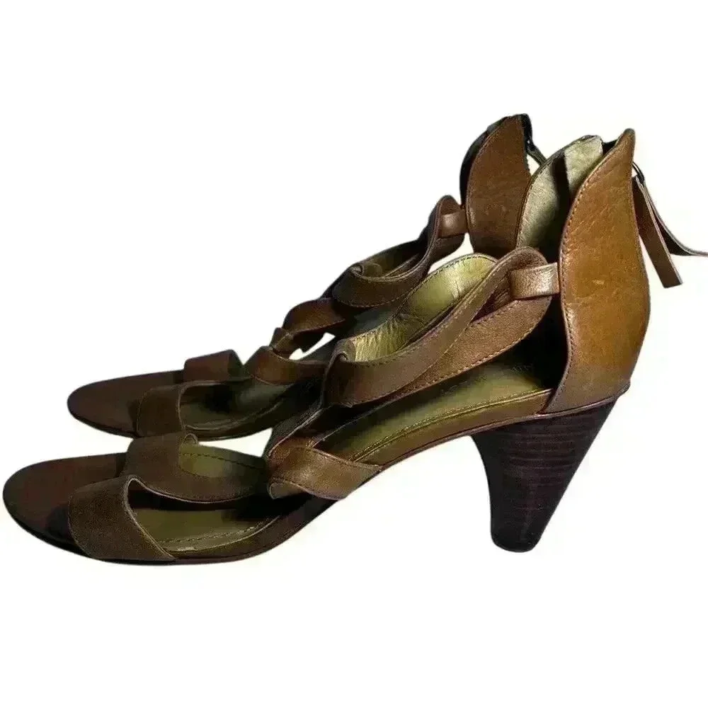 Nine West 10M Zipper Back Open Toe Sandals High Heel Tan